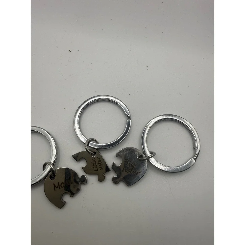 Mom Big Sister Little Sister Puzzle Piece Keychain Set 3 Piece Silver Tone